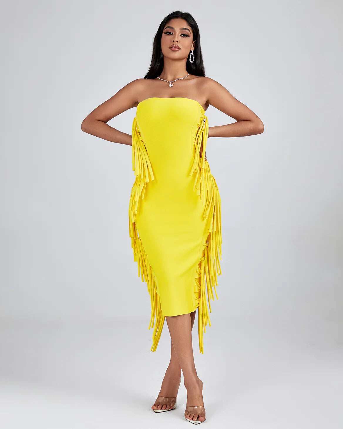 Strapless Fringe Midi Bandage Dress