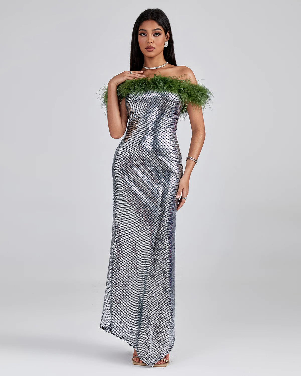 Ephrodite Off Shoulder Sequin Feather Maxi Dress