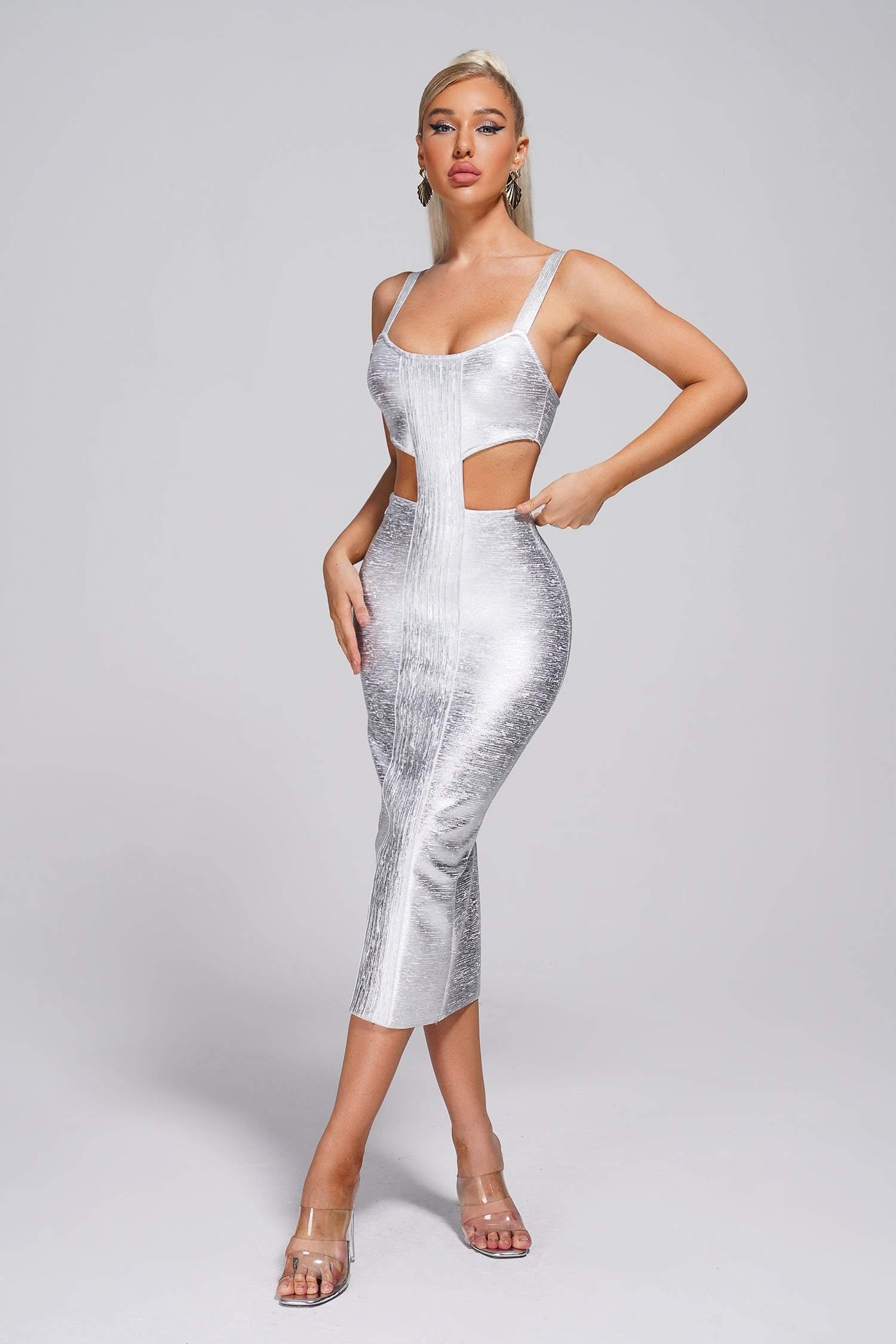 Silver Bandage Kiara Midi Bandage Dress – Royal Boutique Silver Bandage Kiara Midi Bandage Dress – Royal Boutique