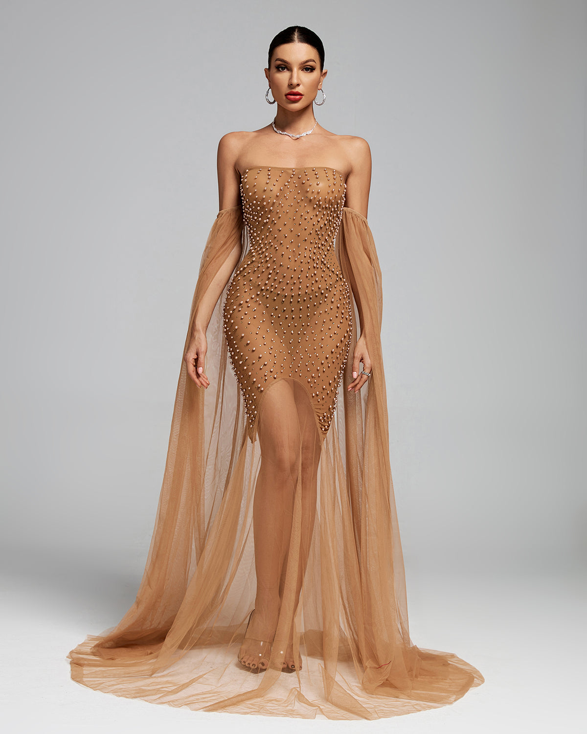 Barbra Beaded Corset Mesh Maxi Dress