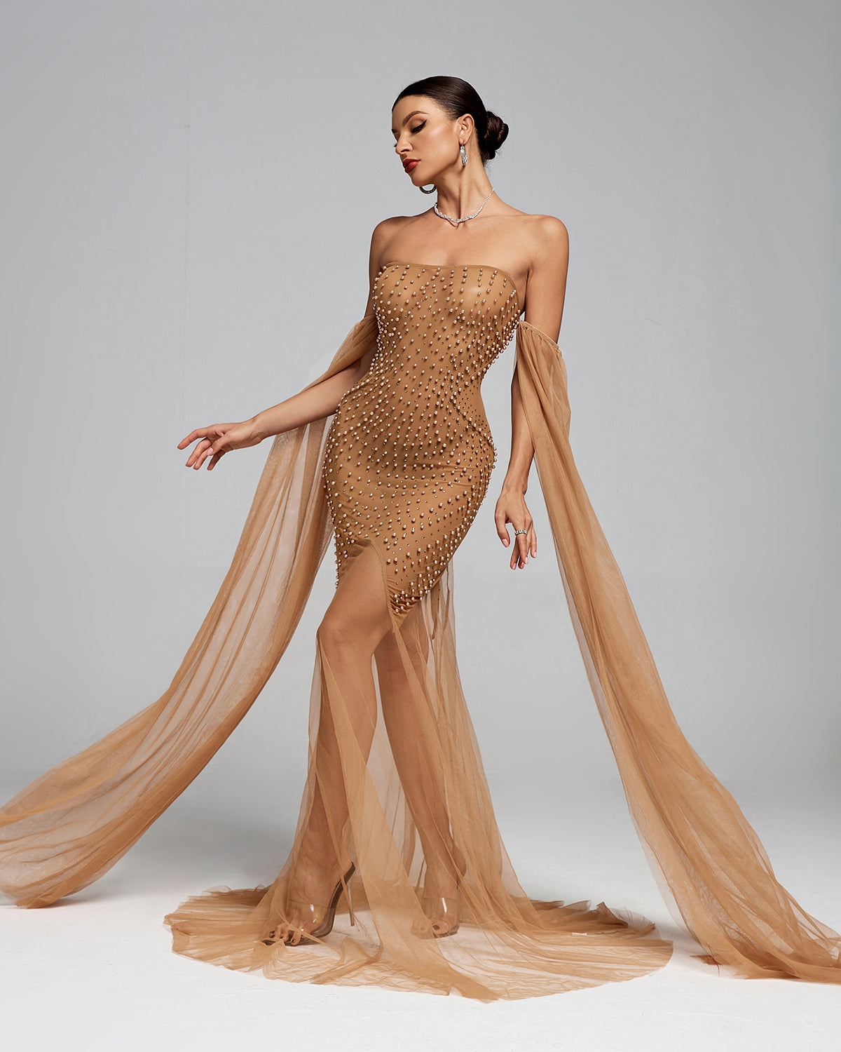 Barbra Beaded Corset Mesh Maxi Dress