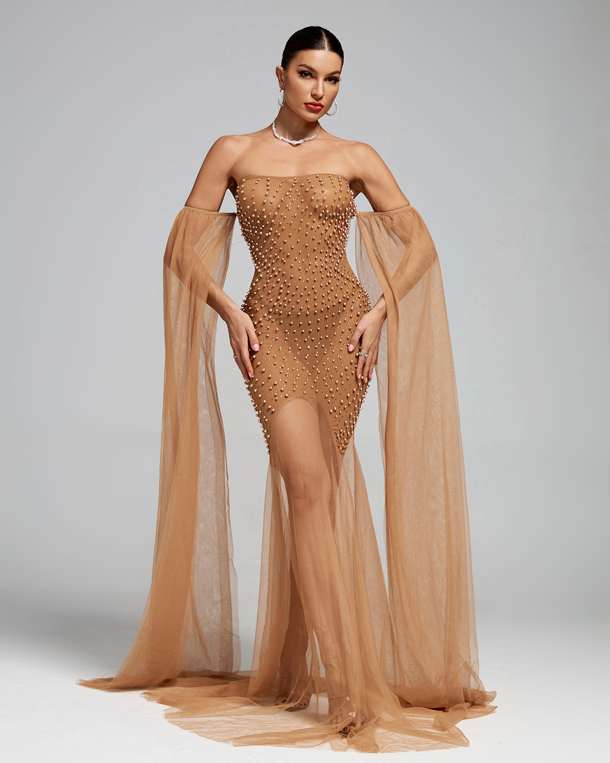 Barbra Beaded Corset Mesh Maxi Dress