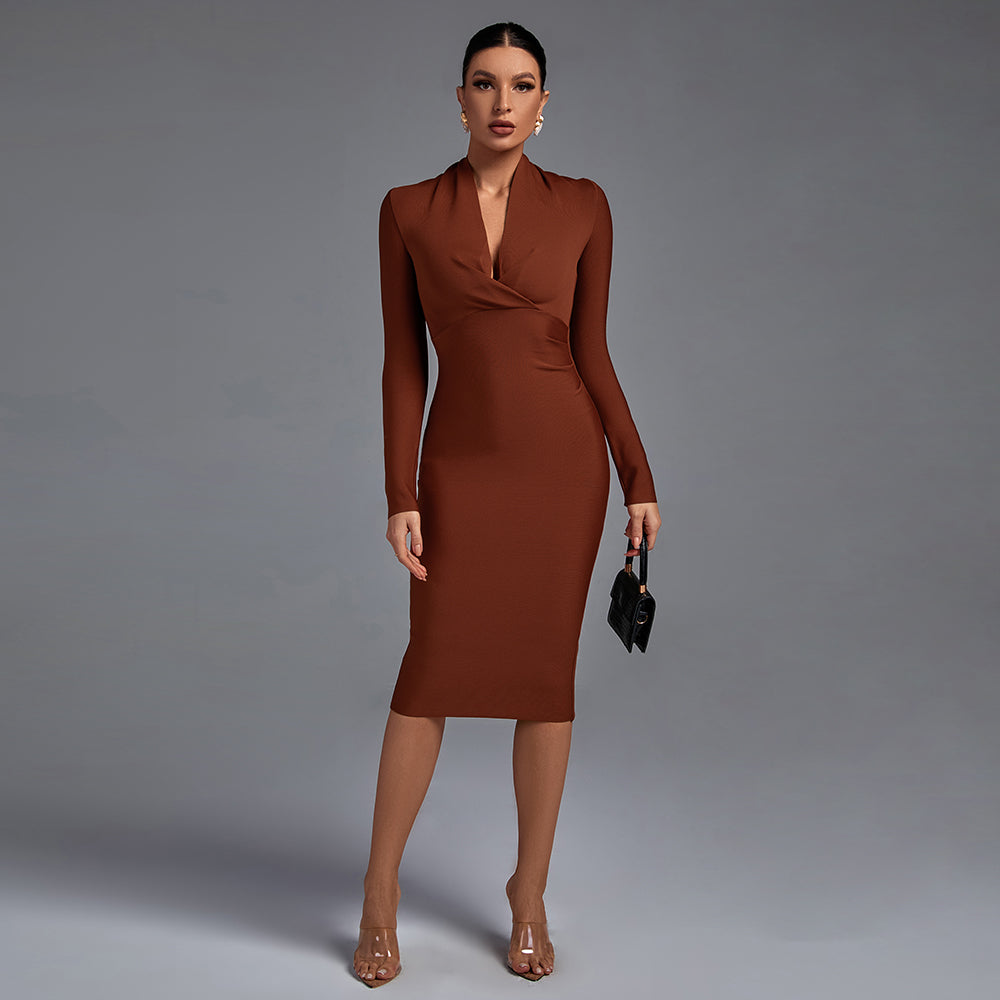 Sima Coffee Bandage Long Sleeves Midi Dress