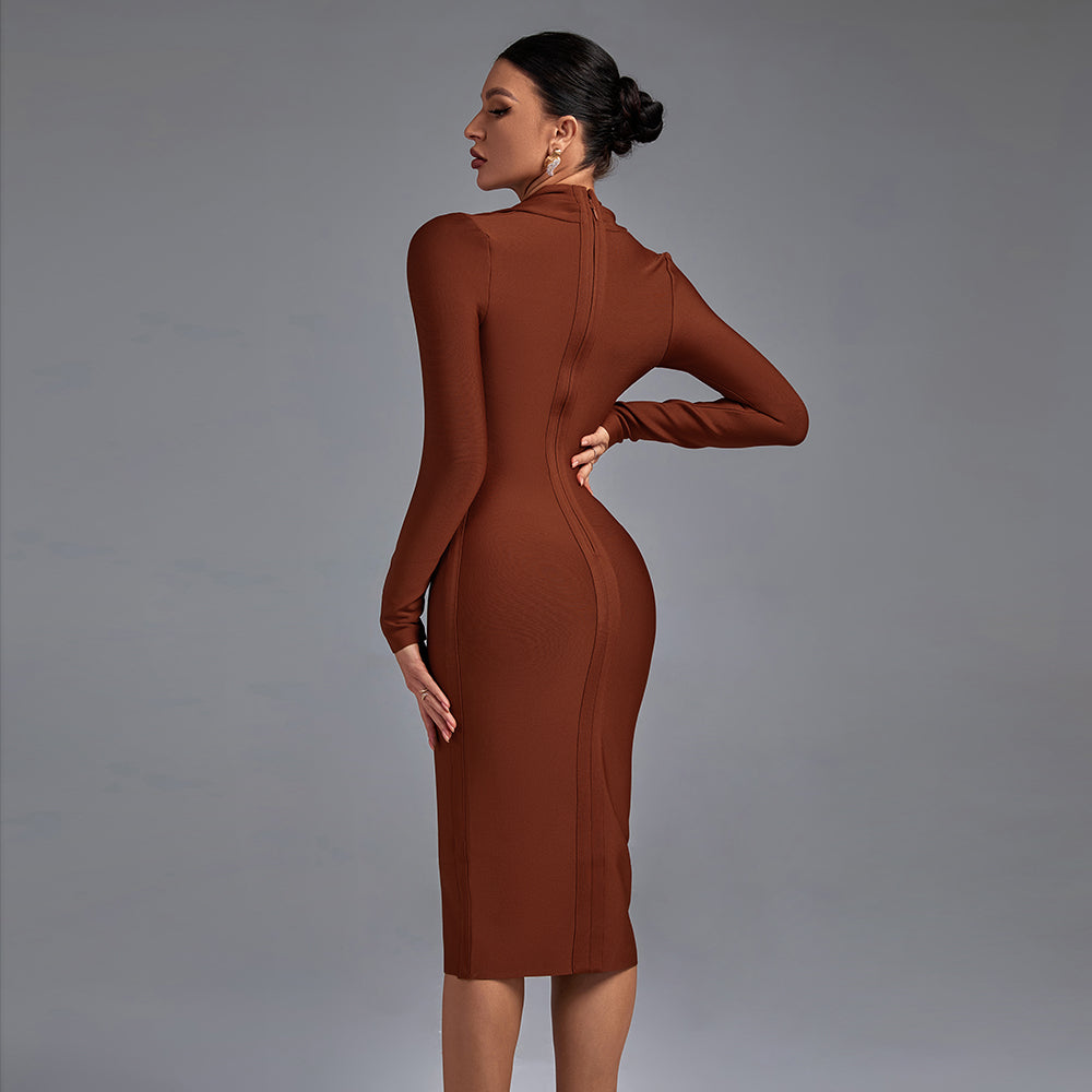 Sima Coffee Bandage Long Sleeves Midi Dress