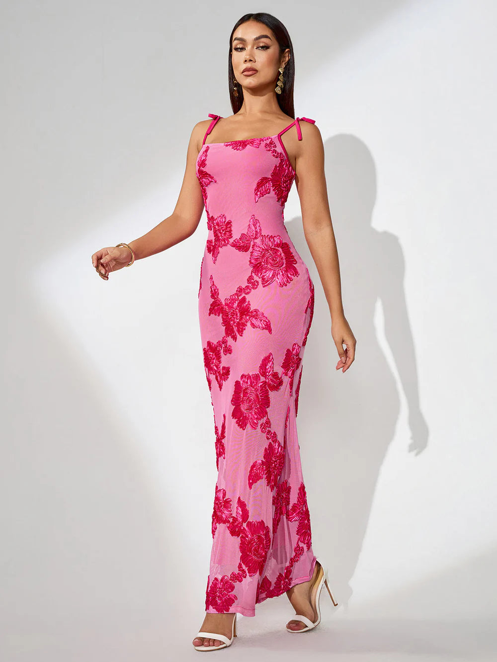 3D Floral Embroidered Knot-Strap Maxi Dress