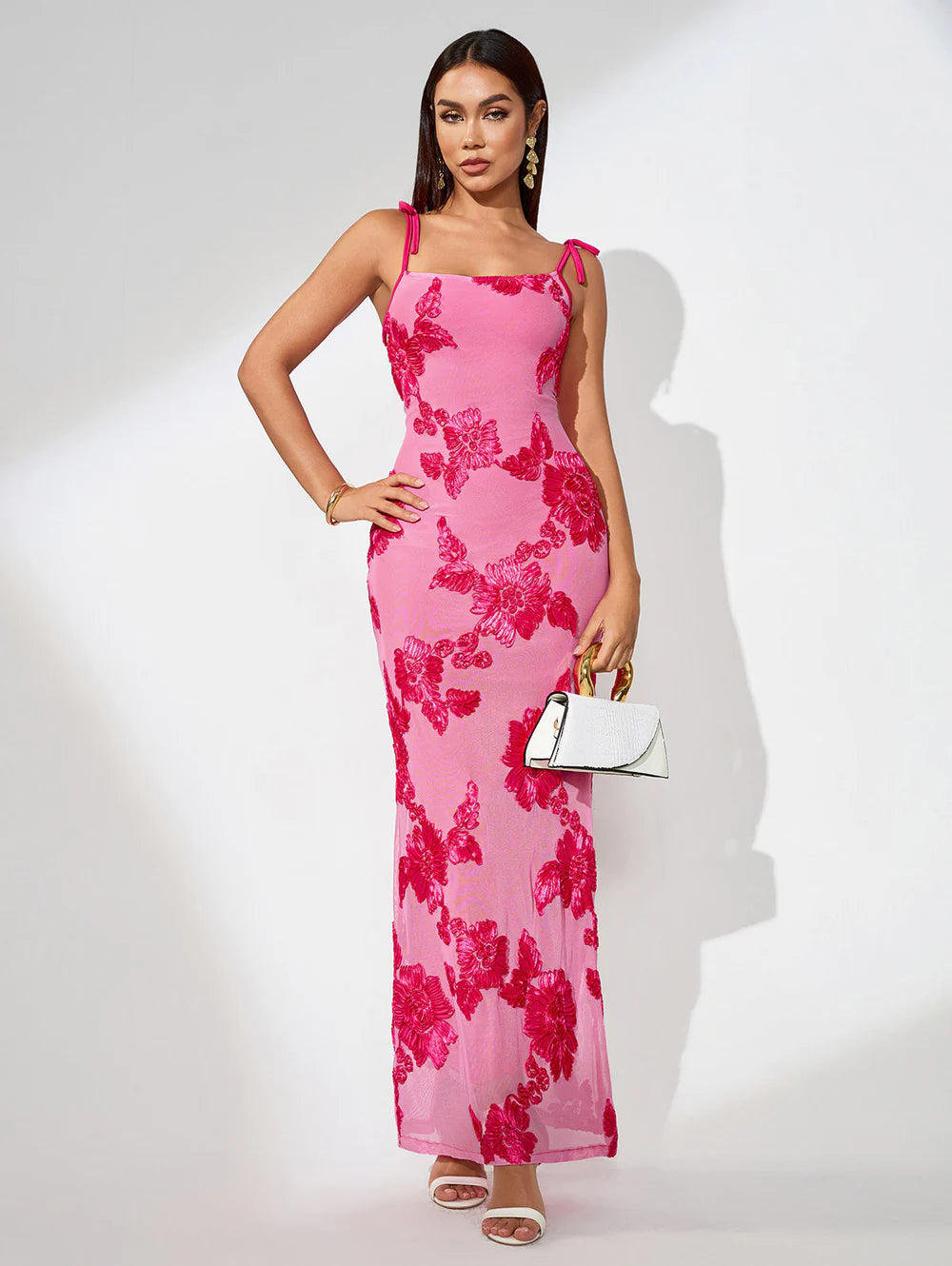 3D Floral Embroidered Knot-Strap Maxi Dress