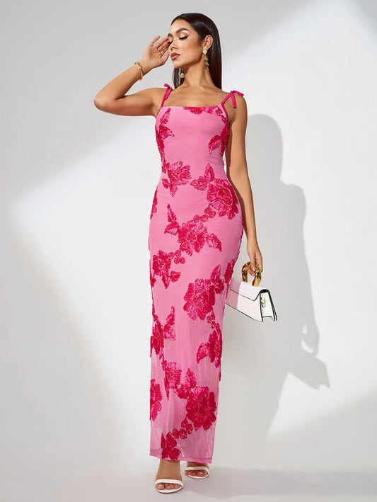 3D Floral Embroidered Knot-Strap Maxi Dress
