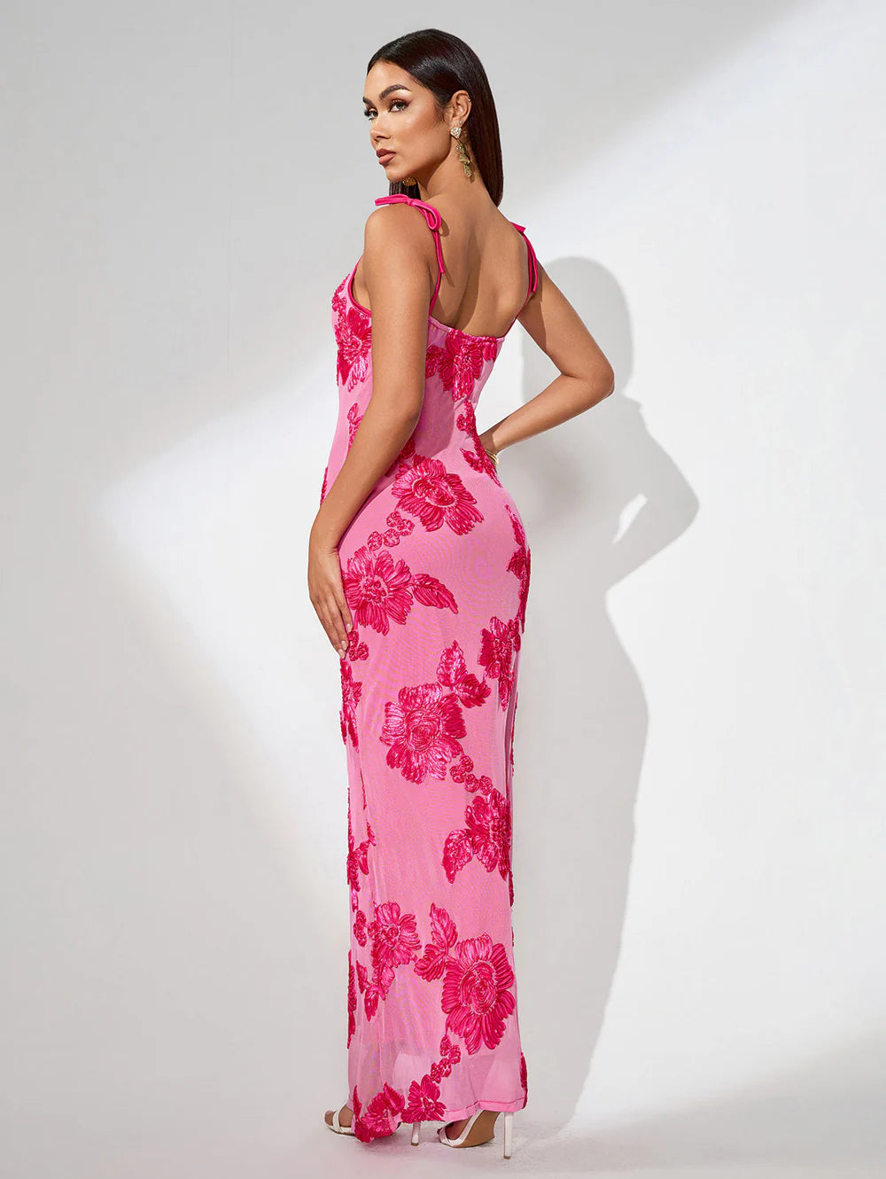 3D Floral Embroidered Knot-Strap Maxi Dress