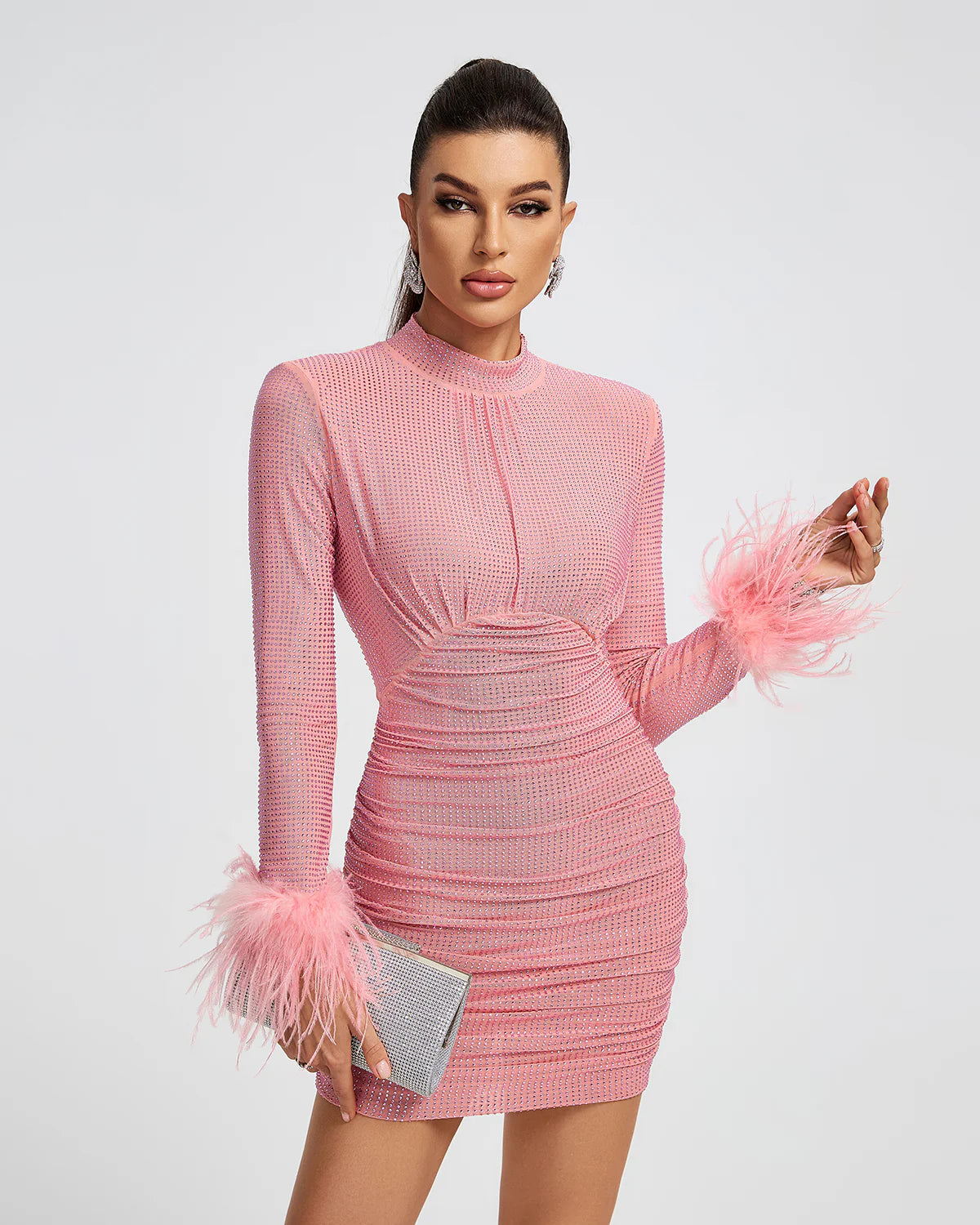 Crystal Embellished Stretch-Mesh Mini Dress