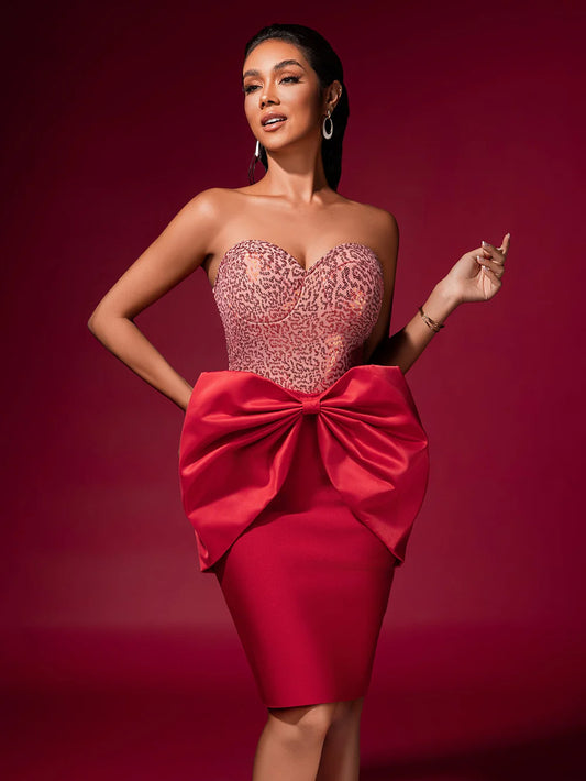 Huge-Bow Sequin Corset Backless Mini Dress