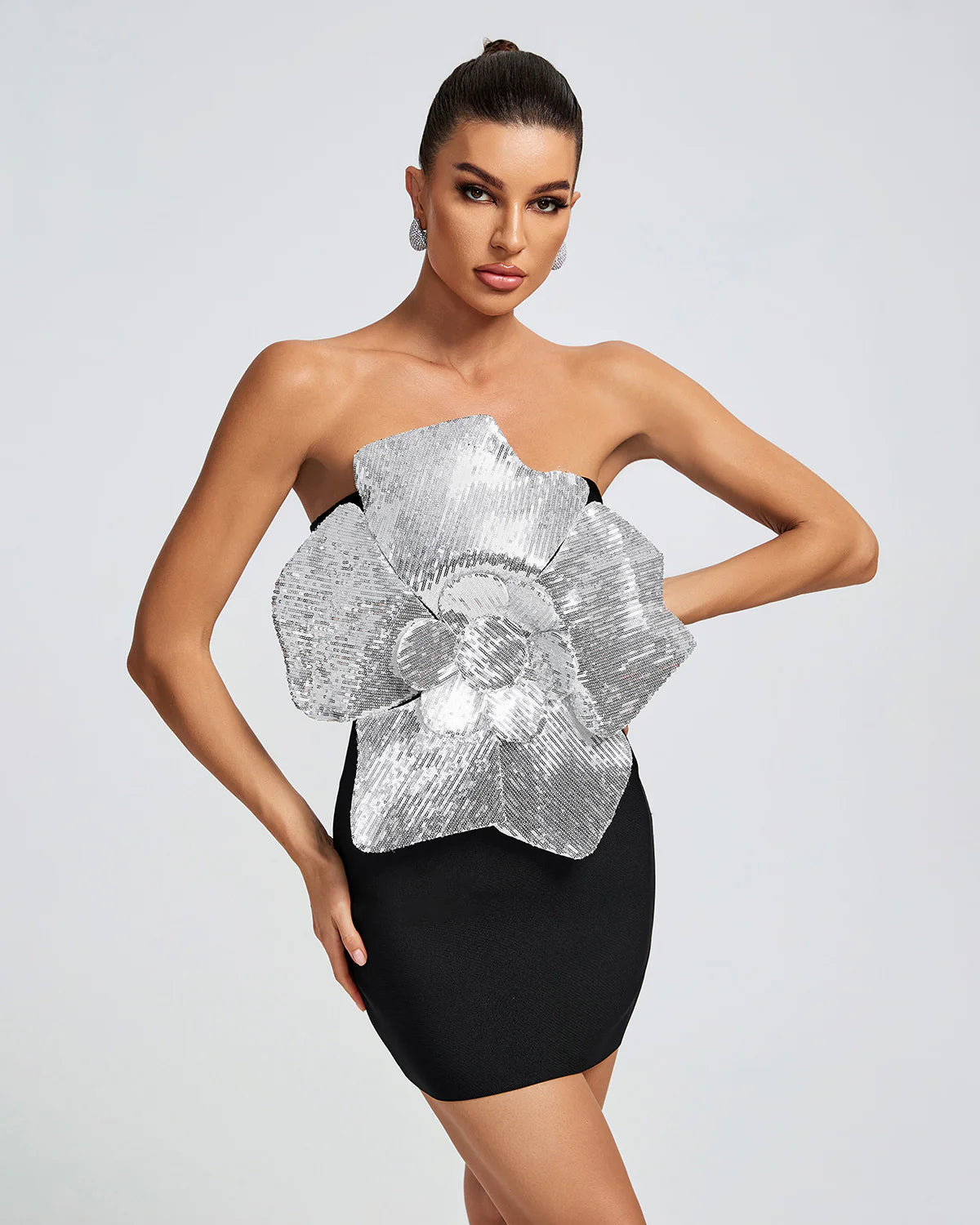 Rhinestone Embellished Mesh Mini Bandage Iza Dress