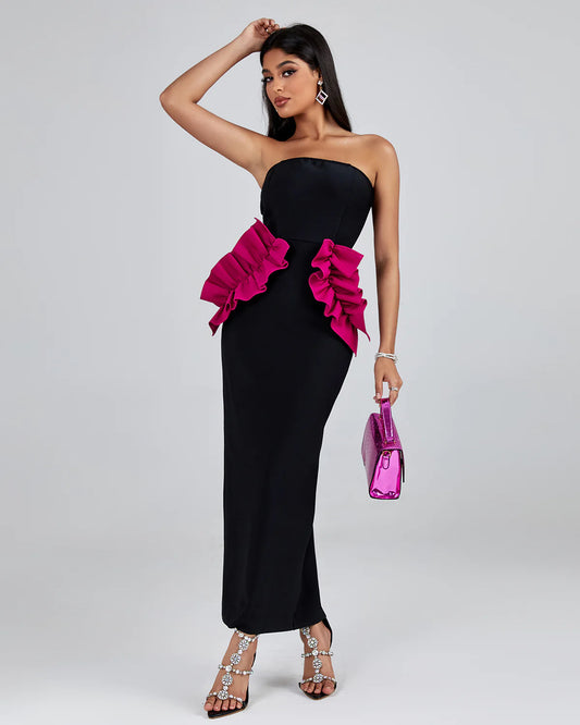 Pleated Ornamented Bandage Midi Dress