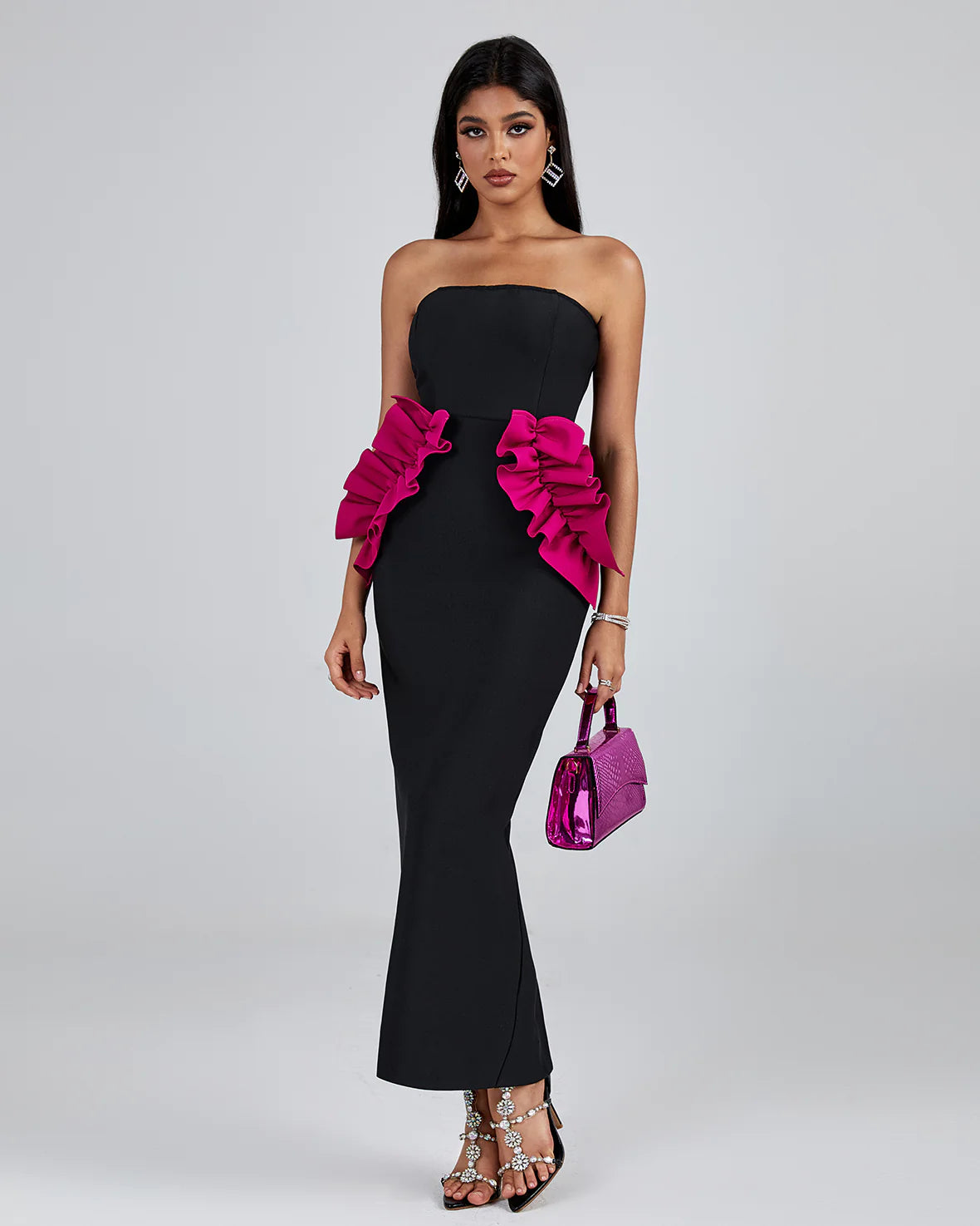 Pleated Ornamented Bandage Midi Dress