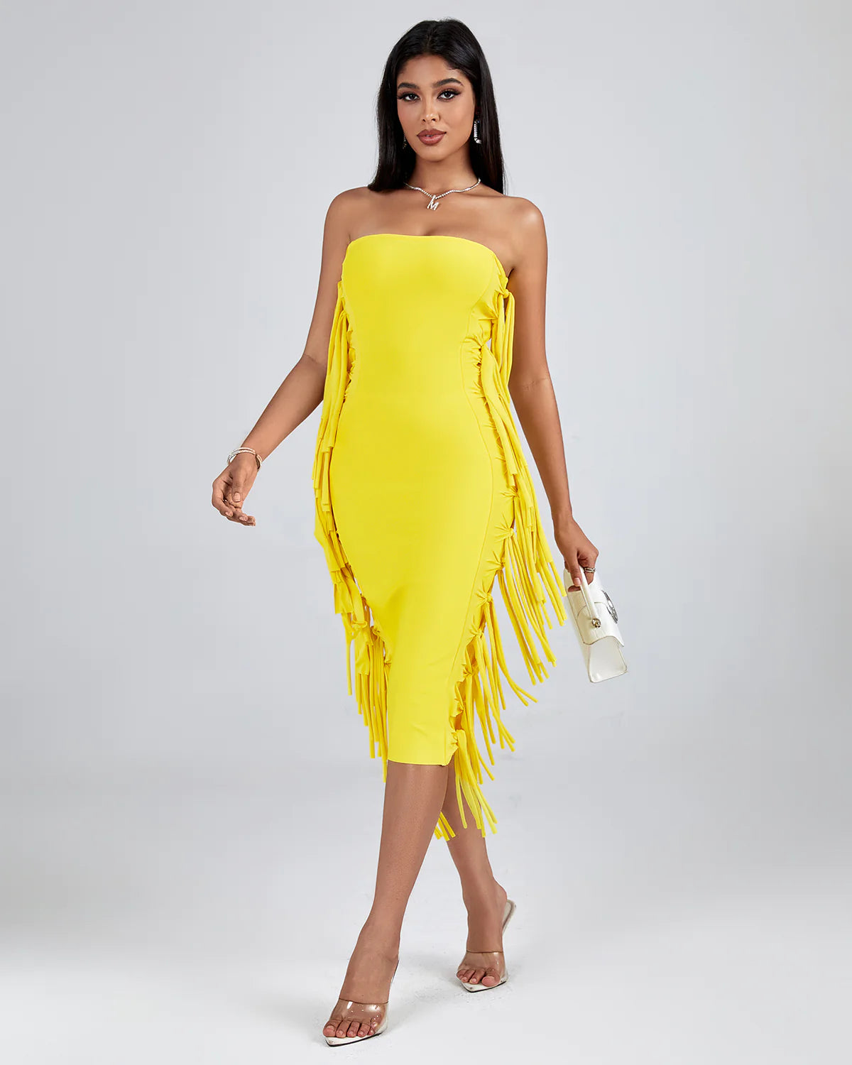 Strapless Fringe Midi Bandage Dress