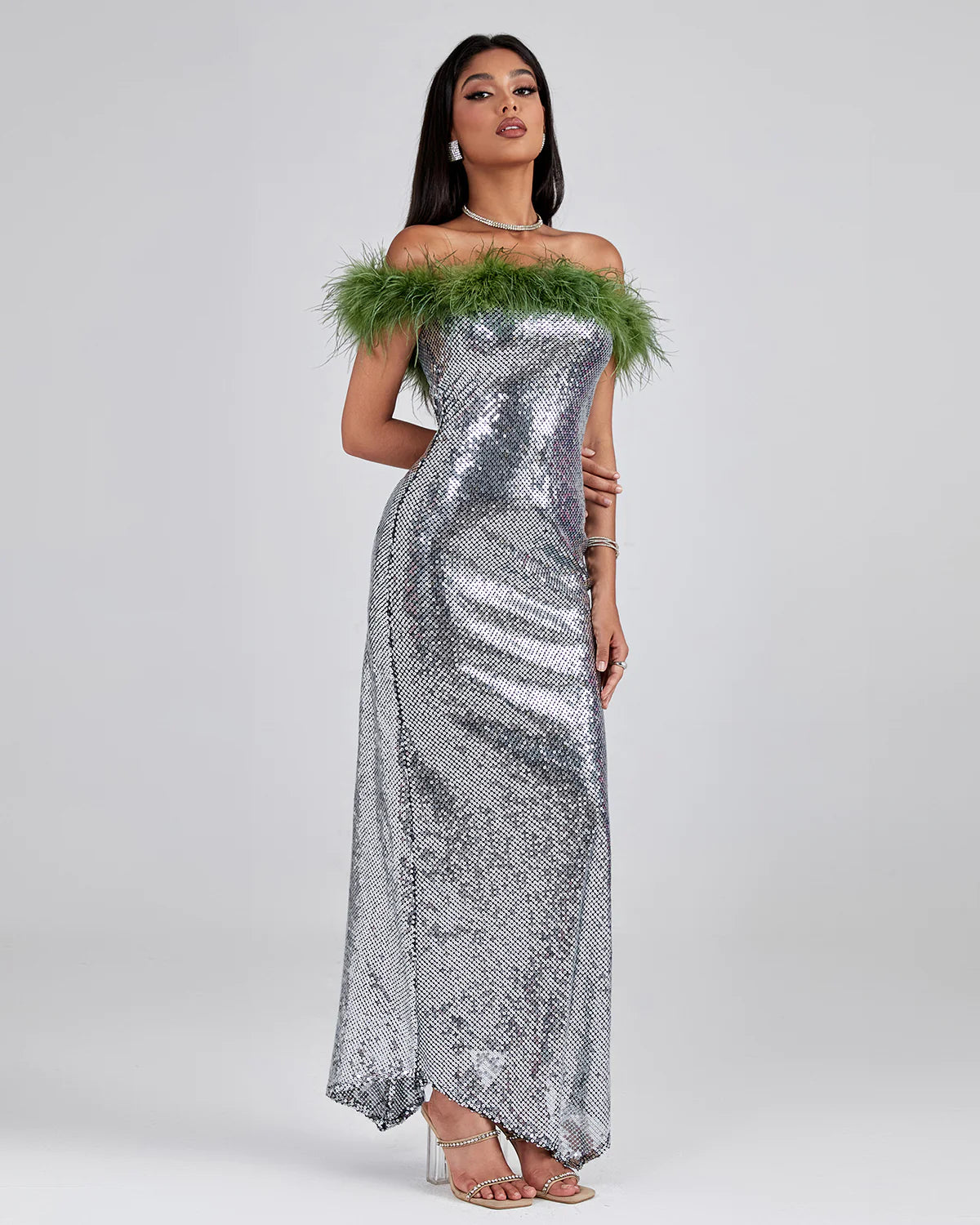 Ephrodite Off Shoulder Sequin Feather Maxi Dress