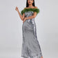 Ephrodite Off Shoulder Sequin Feather Maxi Dress