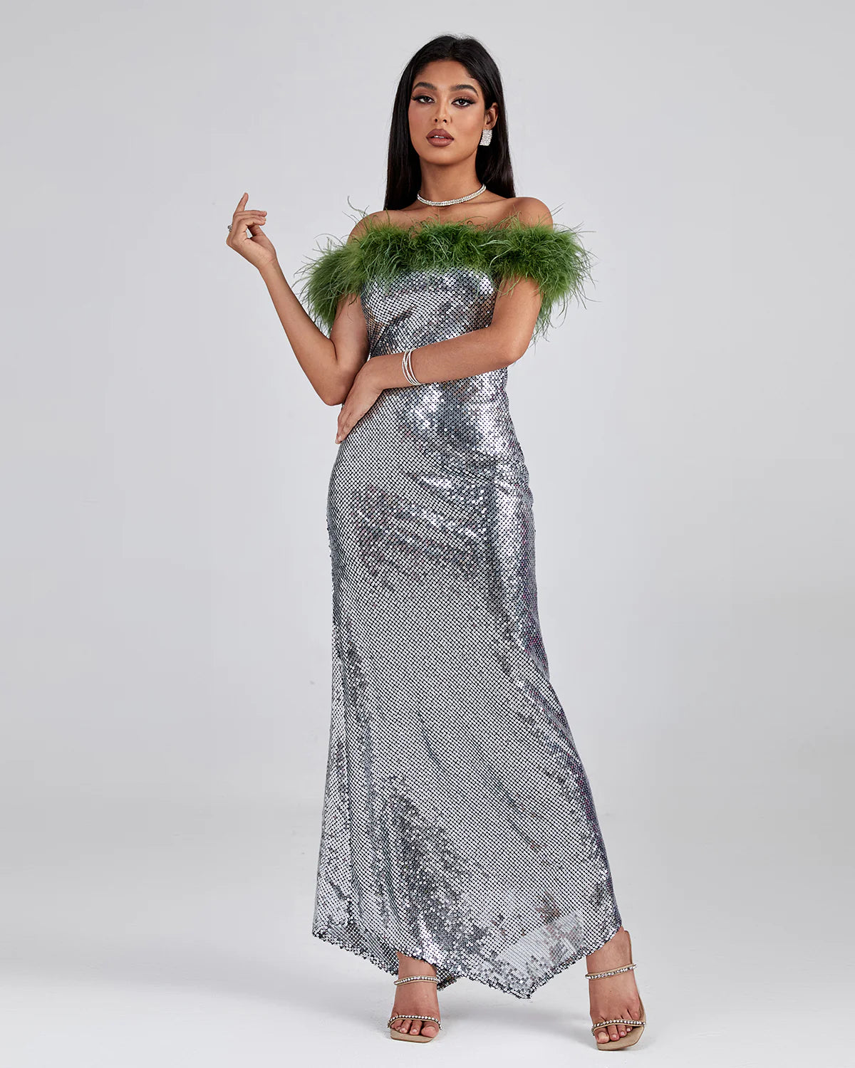 Ephrodite Off Shoulder Sequin Feather Maxi Dress