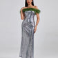 Ephrodite Off Shoulder Sequin Feather Maxi Dress