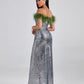 Ephrodite Off Shoulder Sequin Feather Maxi Dress
