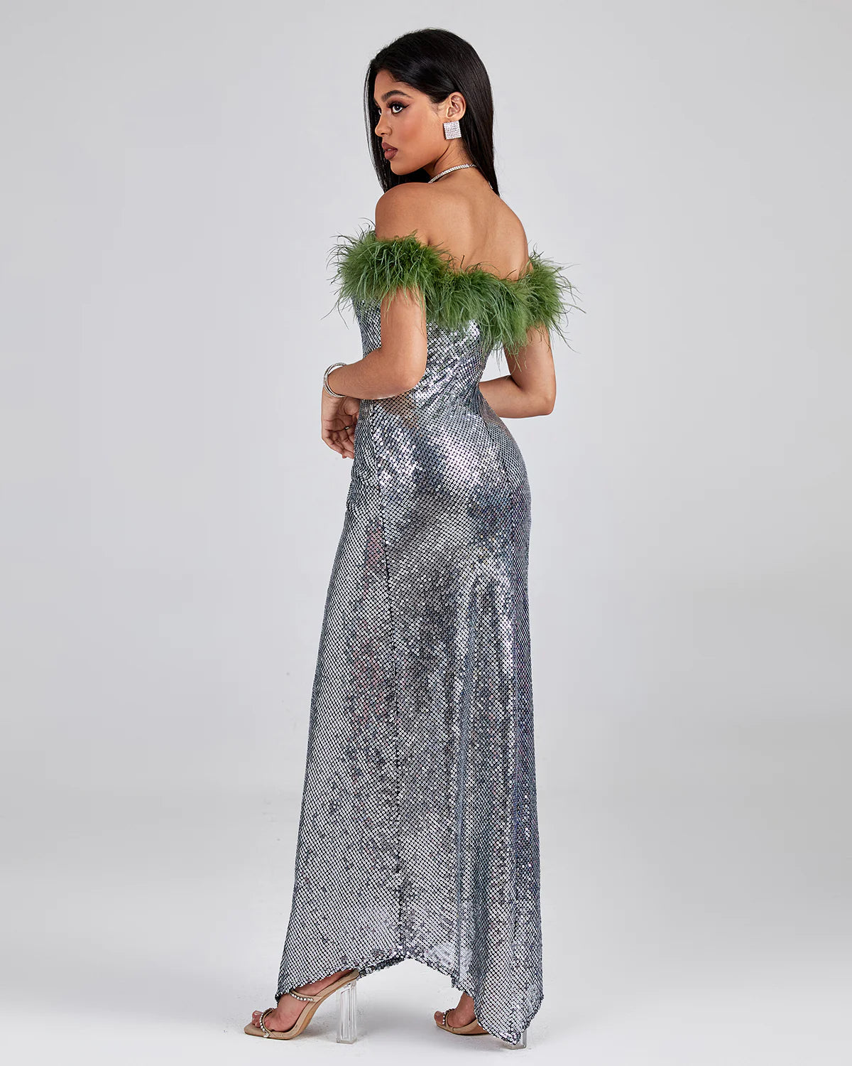 Ephrodite Off Shoulder Sequin Feather Maxi Dress