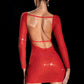 Diamond Open Red Mini Dress Long Sleeve Dress