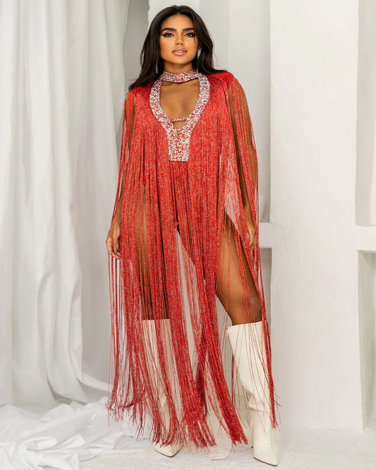 Elizabeth Red Fringe Mini Jumpsuit