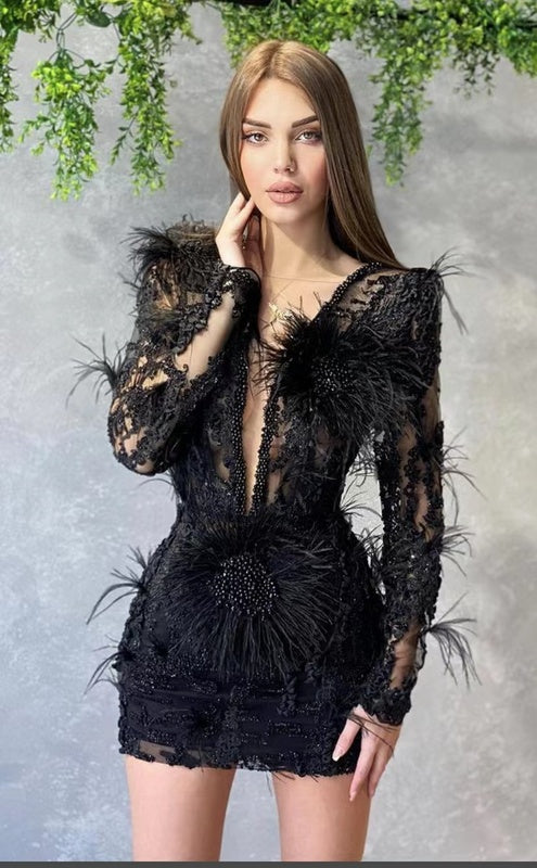 Black Beaded Feather Anita Mini Dress