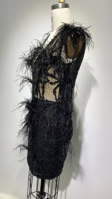 Black Beaded Feather Anita Mini Dress