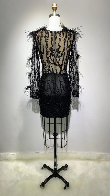 Black Beaded Feather Anita Mini Dress