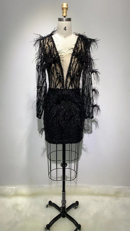 Black Beaded Feather Anita Mini Dress