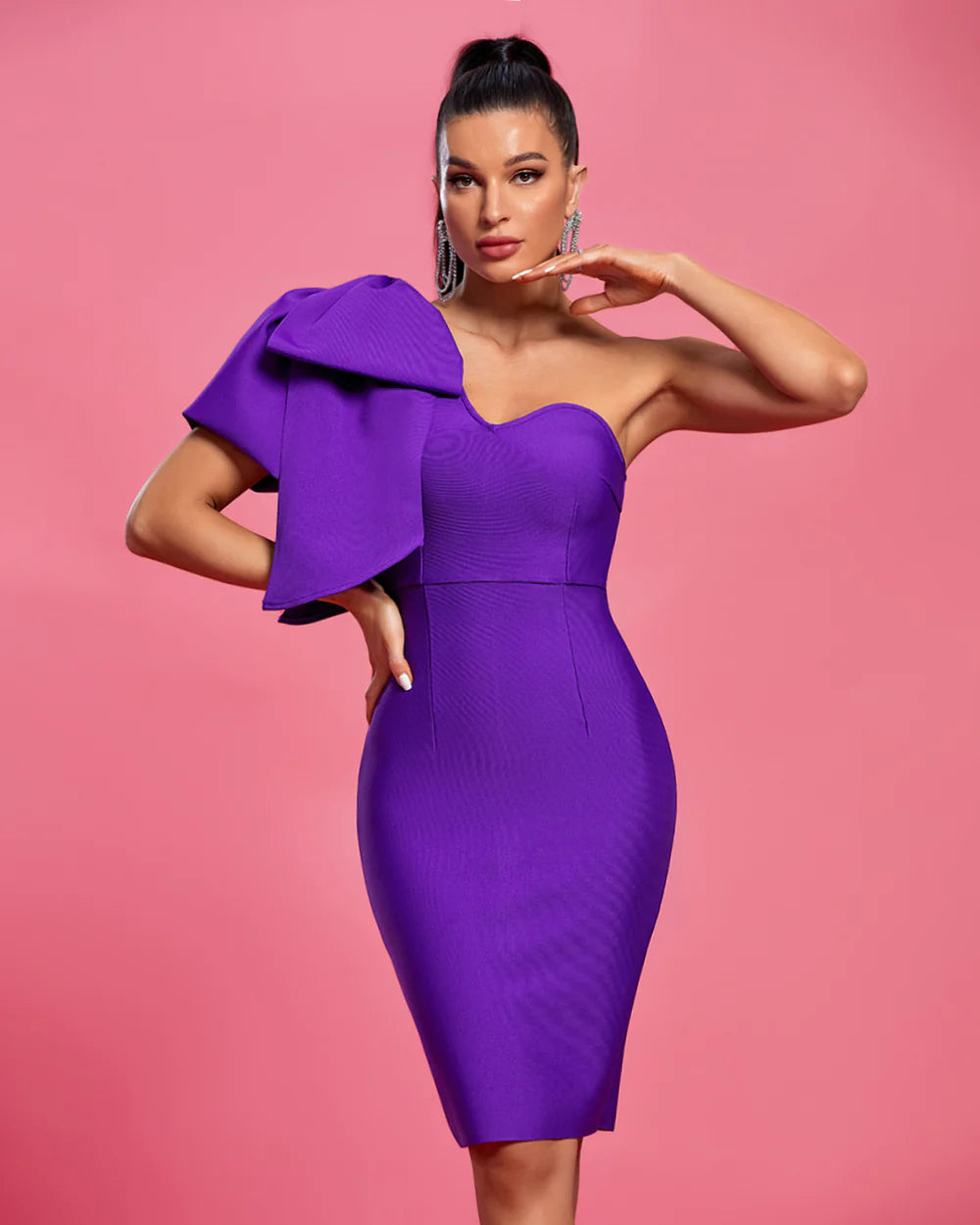 Purple One Shoulder Bandage Midi Dress